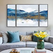 Acrylic Painting Modern Canvas Painting Ideas For Living Room Set Of 3 Wall Art Gold And Blue Art Mountain Painting River Etsy Wall Art Pictures Canvas Painting Mountain Paintings