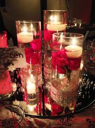 Centerpiece Cylinder Vase Sets With Votive Candles Mirror And Gem Confetti Available To Rent From Red Wedding Flowers Wedding Flowers Red Roses Wedding Table