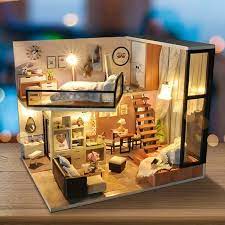 Diy Miniature Doll House 3d Wooden With Furniture Dust Cover For Girls Kit Toys Delune Desain Produk Desain Interior Rumah Diy