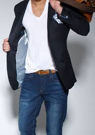 Winner Dark Smart Navy Blazer Tucked In White V Neck T Shirt And Blue Denim Jeans Brown Leather Holdall Belt To Fin Mens Outfits Menswear Well Dressed Men