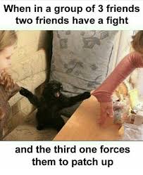 More the facebook group fights memes… this item will be deleted. When In A Group Of 3 Friends Two Friends Have A Fight And The Third One Forces Them To Patch Up Friends Meme On Me Me