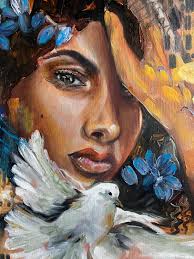 Dove and Girl Oil Painting: Woman Portrait, Bird Wall Art