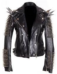 Black Punk Style Genuine Leather Jacket Long Spiked Silver Studded Hand Made Zippered S Spiked Leather Jacket Leather Jackets Women Real Leather Jacket