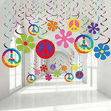 See more party planning ideas at catchmyparty.com! Amazon Com 60 S Hippie Theme Party Foil Swirl Decorations 60s Groovy Party Retro Flower Cutouts Peace Sign Hanging Swirls Ceiling Decorations For 60s Hippie Theme Groovy Party Woodstock Party Supplies 30 Count Toys