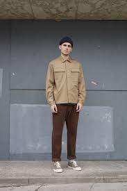 Tom In The Short Watch Cap In Navy Soft Wool Mw Chore Overshirt In Khaki Twill Aston Pant In Brown T Vestuario Hombre Estilos De Moda Masculina Ropa Estetica