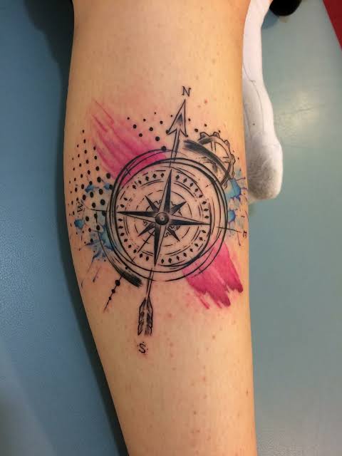 Watercolor Style Compass Tattoo on Leg | Compass colored tattoo design, Colorful compass tattoos for women, Compass tatoo