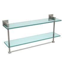 This single tier glass shelf will add a glassy shimmery touch to your bathroom décor! Allied Brass Montero 22 In L X 11 3 4 In H X 5 3 4 In W 2 Tier Clear Glass Bathroom Shelf With Towel Bar In Satin Nickel Mt 2 22tb Sn The Home Depot