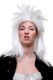 The shaggy shorter style with a side part emphasizes the tender color with the drammatic darkened roots. Party Fancy Dress Wild Wig Hair Metal 80s Goth Japan Demon Punk Rock Wave White Rock
