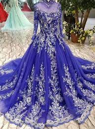 Royal Blue High Neck Long Sleeve Tulle Embroidery Wedding Dress Long Sleeve Wedding Dress Backless Lace Applique Wedding Dress Backless Wedding Dress
