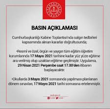 Cumhurbaşkanı recep tayyip erdoğan başkanlığında gerçekleştirilen kabine toplantısı sona erdi. Engin Ufuklar Anaokulu On Twitter Kabine Toplantisi Sonucu 29 Nisan 17 Mayis Arasi Tam Kapanma Uygulanacaktir Kurumumuz Bu Kapamadan 8 Gun Etkilenecektir Https T Co I5lyyldzvu