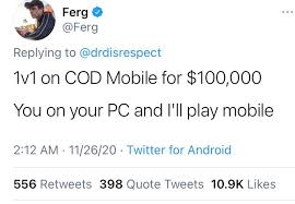 We did not find results for: Jake Lucky On Twitter After Making Fun Of Mobile Gamers Dr Disrespect Has Been Challenged To A 100 000 1v1 By Ferg If Actually Accepted It Would Be One Of The Biggest 1v1 S