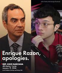 KIKO BARZAGA APOLOGIZES TO ENRIQUE RAZON Cavite 4th District Rep. Francisco  'Kiko' Barzaga has issued a public apology to ultra bilyonaryo Enrique Razon  Jr. after claiming that the tycoon was in talks