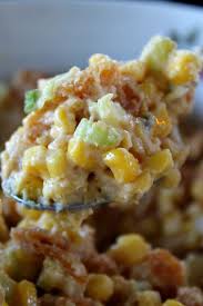 Hot Corn Salad Is An Amazingly Delicious Corn Dip Loaded With Cheese Chile Cheese Fritos Sour Cream Mayo Green Onions And Ce Hot Corn Veggie Dishes Recipes