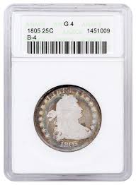 1805 Silver Draped Bust Quarter Rainbow Toned Anacs G4 B 4 Moderncoinmart Home us coin facts quarters draped bust quarters. modern coin mart