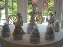 Stork Baby Shower Centerpieces Using Mini Tickled Blue Diaper Cakes Diaper Cakes And Baby Gifts From Lil Baby Cakes