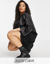Asos Design Curve Oversized T Shirt Dress In Half Leather Look In Black Asos