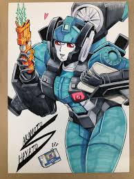 sakamoto hayato, moonheart, soundwave (transformers), transformers,  highres, marker (medium), photo (medium), traditional media, 1girl,  clipboard, decepticon, heart, holding, holding clipboard, leaning forward,  mecha, open mouth, radio, red eyes, robot ...