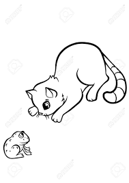 Simple cat coloring page to download for free : Coloring Pages Animals Little Cute Cat Looks At The Frog Royalty Free Cliparts Vectors And Stock Illustration Image 56471374