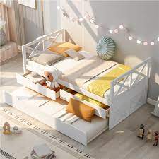 Twin Size Wooden Bed Frame With Drawers And Trundle Bed White