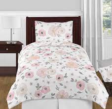Bedding sets, brand bedding, embroidery, girls bedding sets, modern bedding, romantic bedding, shabby chic bedding. Blush Pink Grey And White Shabby Chic Watercolor Floral Girl Twin Kid Childrens Bedding Comforter Set By Sweet Jojo Designs 4 Pieces Rose Flower Only 99 99