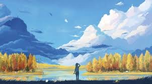 Scenery of landscape, person standing on cliff, lofoten, norway kimi no na wa, scenery, buildings, clouds, sky, grass, anime, hd wallpaper. 2500x1384 Anime Landscape Girl Mountain Relaxing Trees Clouds Scenic Original Resolution Anime Scenery Wallpaper Scenery Paintings Anime Scenery