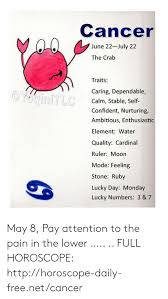 Let's take a sagittarius female. Cancer June 22 July 22 The Crab Traits Caring Dependable Calm Stable Self Confident Nurturing Ambitious Enthusiastic Element Water Quality Cardinal Ruler Moon Mode Feeling Stone Ruby Lucky Day Monday Lucky Numbers 3