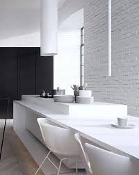 White Clean Minimal Kitchen Dining Table Love The White Painted Brick Wall Against Black Cabinets Cuisine Moderne Style Cuisine Cuisines Design