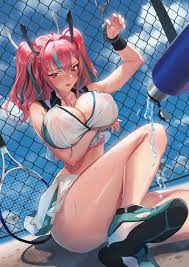 arm under breasts azur lane bangs bare shoulders blue sky blush  bottle breasts bremerton (azur lane) bremerton (scorching-hot training) (azur  lane) chain-link fence cleavage collarbone covered erect nipples day