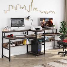 Computer desk and printer stand. Buy Tribesigns 94 5 Inch Double Computer Desk With Storage Shelf Extra Long Two Persons Desk With Printer Shelf Large Office Desk Study Writing Table For Home Office Rustic Brown Online In Turkey
