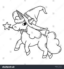Halloween Unicorn With Magic Wand And Witch Hat Cute Doodle Art Of Magic Creature Vector Ill Witch Coloring Pages Halloween Coloring Pages Halloween Coloring