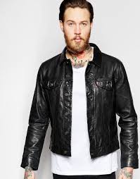 Levi S Leather Trucker Jacket Premium Goods Slim Fit In Black At Asos Com Leather Jacket Jackets Best Leather Jackets