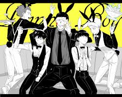 ekubo (mob psycho 100), hanazawa teruki, kageyama ritsu, kageyama shigeo,  suzuki shou, mob psycho 100, 10s, 5boys, animal ears, arm around shoulder,  bow, bowtie, cocktail glass, crossed legs, cup, drinking glass, duo