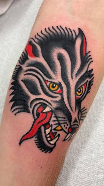 Traditional wolf head to start a new sleeve on a great client., Now booking May/June in Langford BC. DM to book!!