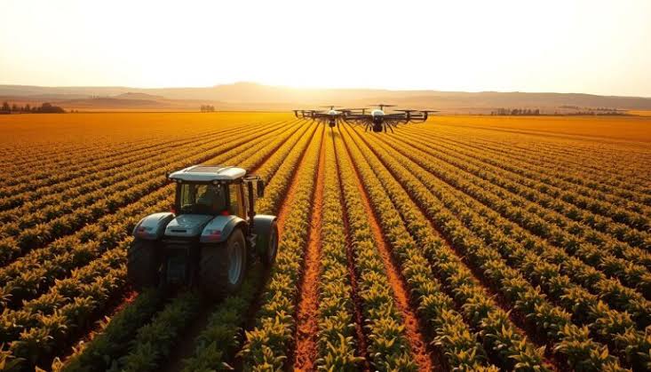 Modern agricultural machinery in Germany utilizes automated navigation and aerial data to maximize crop yields, AI generated
