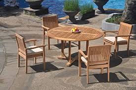 Teakstation 4 Seater Grade A Teak Wood 5 Pc Dining Set 60 Quot Round Table And 4 Leveb Stacking Arm Chairs Tsdslv22 In 2020 Outdoor Furniture Sets Dining Set Teak