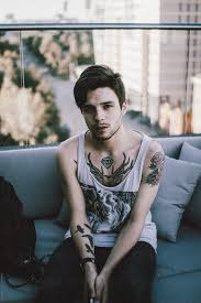 Skinny man with tattoo, tattooed guy with bare chest vector illustration. Tattooed Guy Portrait By Milles Studio