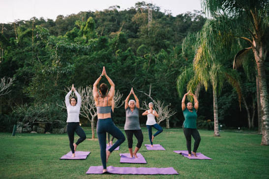 Group nature walk at a yoga retreat