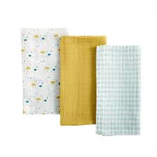 3 Langes Bebe En Coton Blanc Bleu Et Jaune Moutarde Gaston Maisons Du Monde