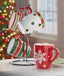 Rae dunn santa with white stitching design detail red christmas holiday coffee tea mug artisan collection by magenta ll. 5 Pc Holiday Coffee Mugs With Stand From Collections Etc Christmas Tree Decorating Tips Christmas Decor Diy Christmas Mugs