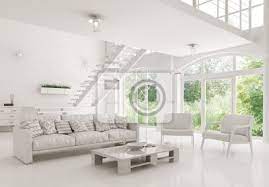 Und hey, ein bisschen typographie, holz oder muster harmonieren doch super mit dem look!. Moderne Weisse Wohnzimmer Interior 3d Rendering Fototapete Fototapeten Appartment Treppe Liege Myloview De