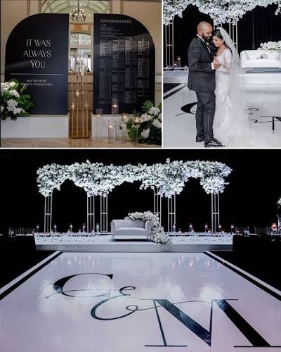 Black & white never goes out of style! Love how elegant & classic this setup looks, with our dance floor & seating chart to match! #designerdancefloors #blackandwhite #receptionset #receptiondecor With @jalebieventsco @gpsdecors @