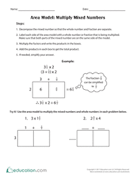 Write a multiplication for the area of the colored rectangle. Area Model Multiply Mixed Numbers Worksheet Education Com