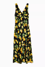 Black And Yellow Lemon Print Bias Midi Dress Fashion Black Midi Dress Midi Dress