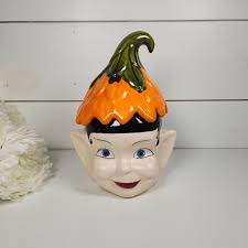 Vintage 1960s Pixie Elf Head Ceramic Cookie Jar w/ Orange Leaf Hat- MCM,  Retro
