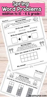 This educational activity provides word problems with manipulatives for kids to practice adding and subtracting within 20. Spring Word Problems Addition To 10 Worksheets Kindergarten And Grade 1 Math Itsybitsyfun Com