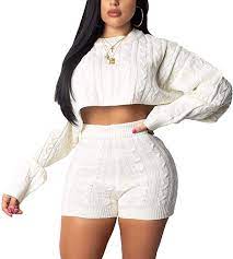 Amazon Com Cosygal Women S Casual Knit 2 Piece Outfit Long Sleeve Sweater Pullover Crop Top Short Jumpsuit Dress Crop Top And Shorts 2 Piece Outfit Set Skirts