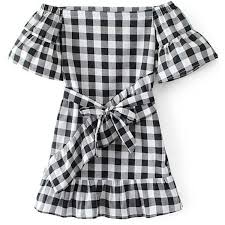 Black White Plaid Print Off Shoulder Ruffled Casual Dress 815 Uah Liked On Polyvore Fe Black And White Short Dresses Tartan Plaid Dress Black N White Dress