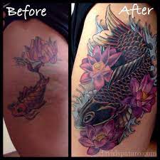 Here S Another Cover Up From Recently Because Pretty Things With Bad Tattoos I Simply Cannot Abide Koi Fish Tattoo Cover Up Cover Tattoo Bad Tattoos Tattoos