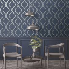 Laticia Geometric Trellis Wallpaper Navy Blue And Silver Feature Wall Holden Decor 6549 Blue Wallpaper Living Room Blue Living Room Decor Wallpaper Living Room