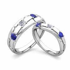 Matching Wedding Band His And Hers Diamond Sapphire Wedding Ring In 14k Gold Diamond Anniversary Rings Wedding Anniversary Rings Matching Wedding Ring Sets